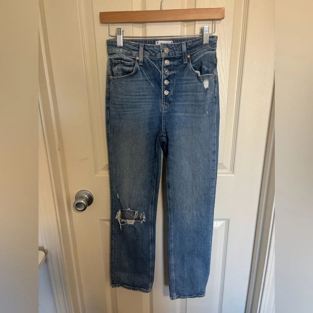 PAIGE Sarah Slim Straight Jeans Effortless Parisian Denim ripped and worn denim